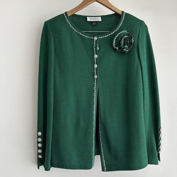 St John Evening Jacket Womens Medium Green Wool Crystal Button Embellished - Picture 1 of 15